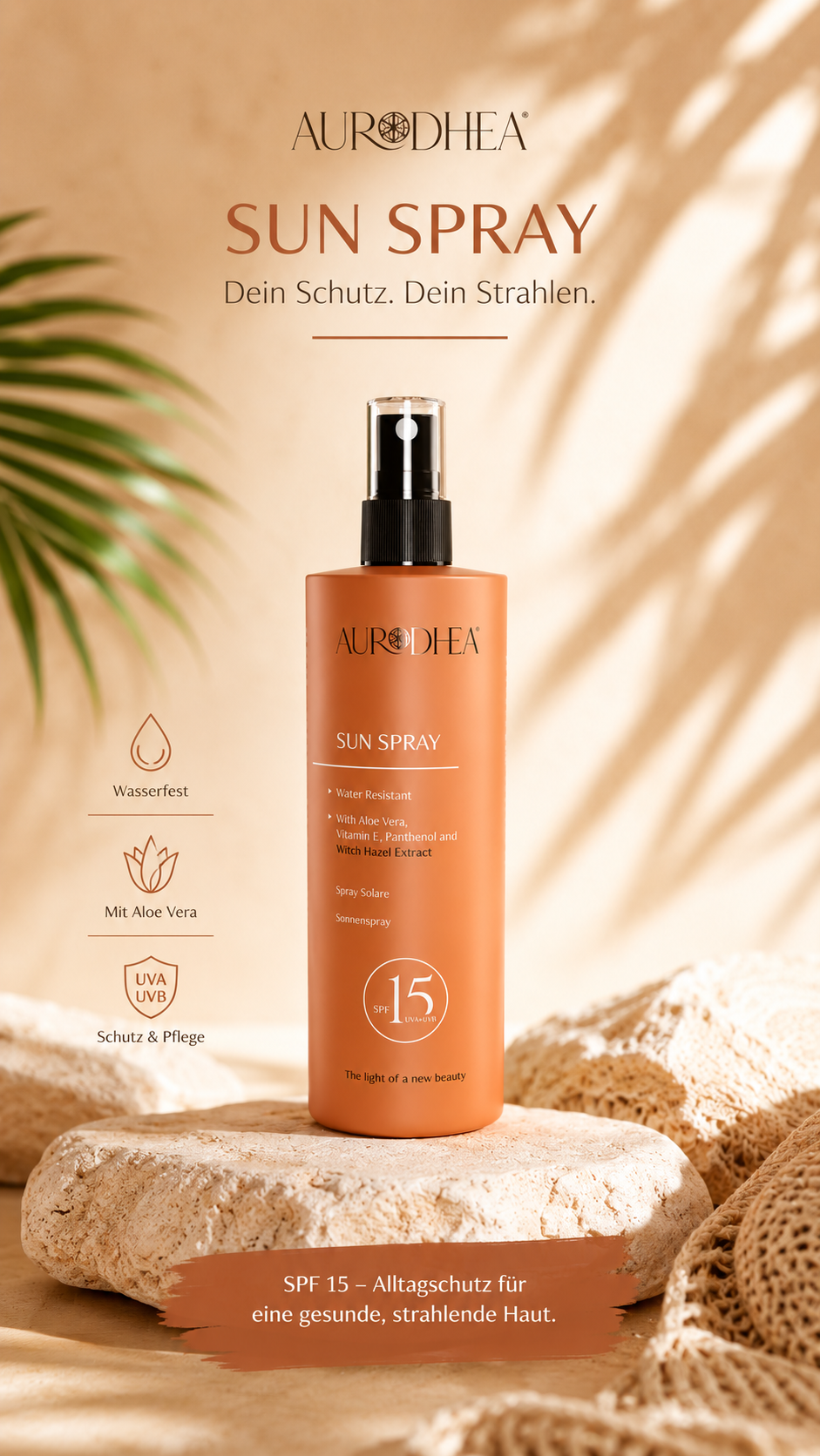 Sonnenspray SPF 15 – Wasserfester Sonnenschutz mit Aloe Vera | Aurodhea 150 ml