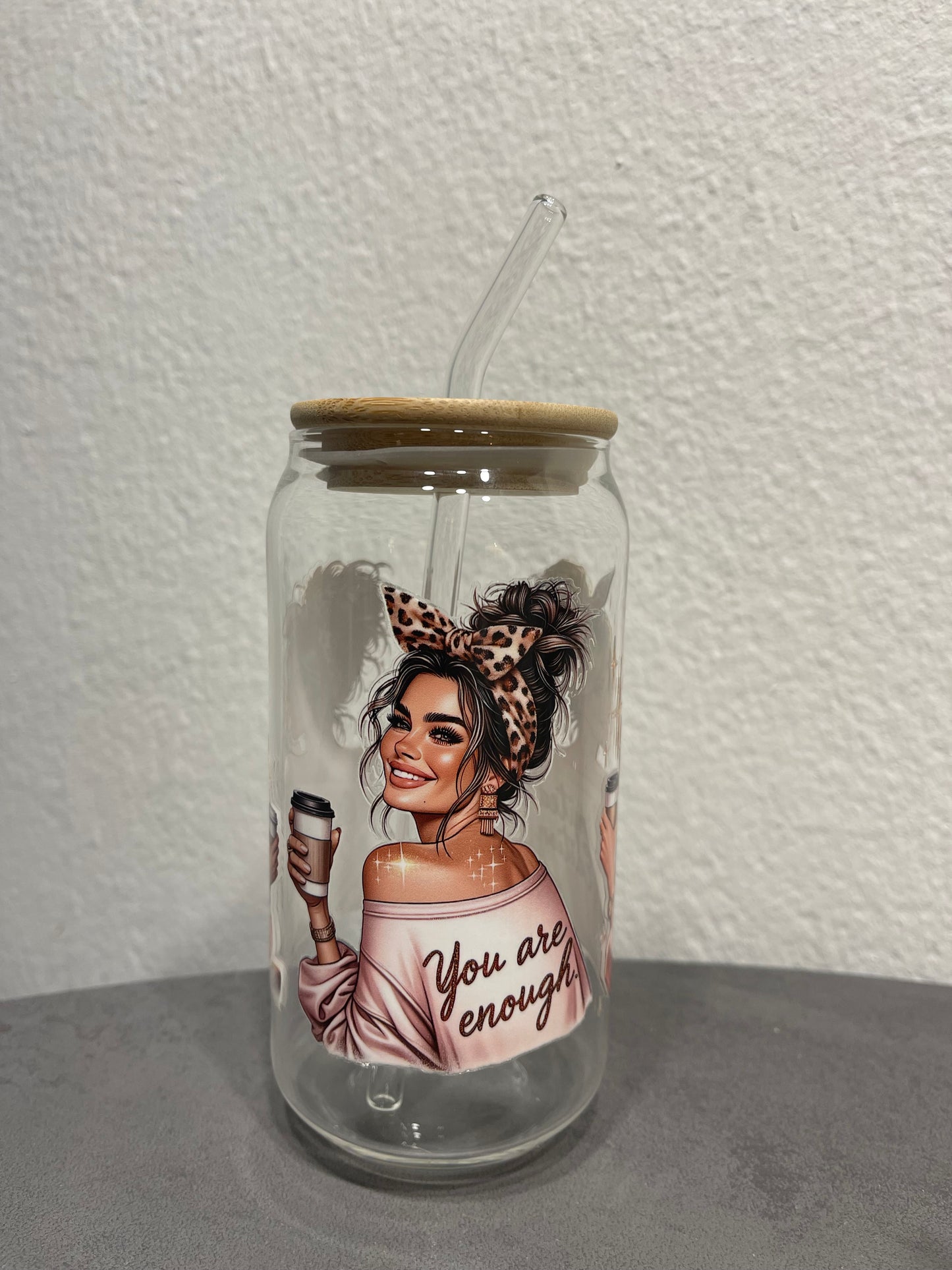 „Lady Cup“ Trinkbecher mit Deckel & Strohhalm aus Glas