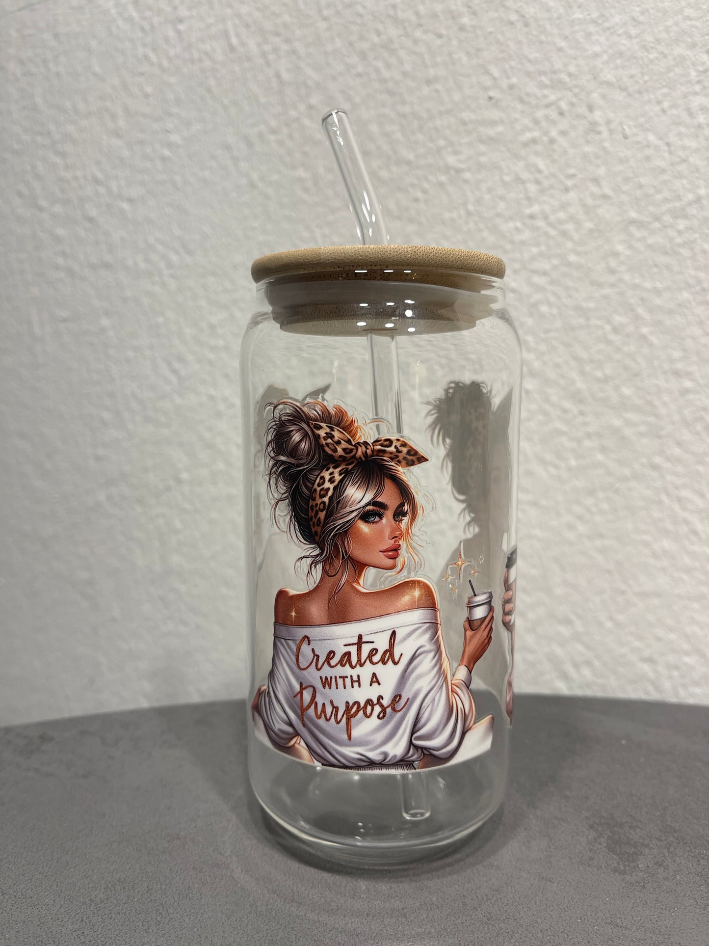„Lady Cup“ Trinkbecher mit Deckel & Strohhalm aus Glas