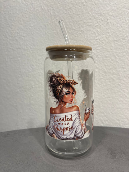 „Lady Cup“ Trinkbecher mit Deckel & Strohhalm aus Glas