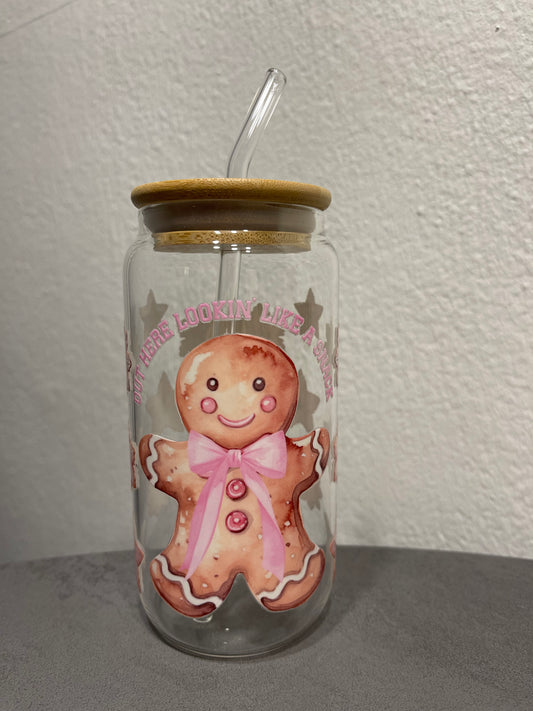 „Gingerbread„ Trinkbecher mit Deckel & Strohhalm aus Glas