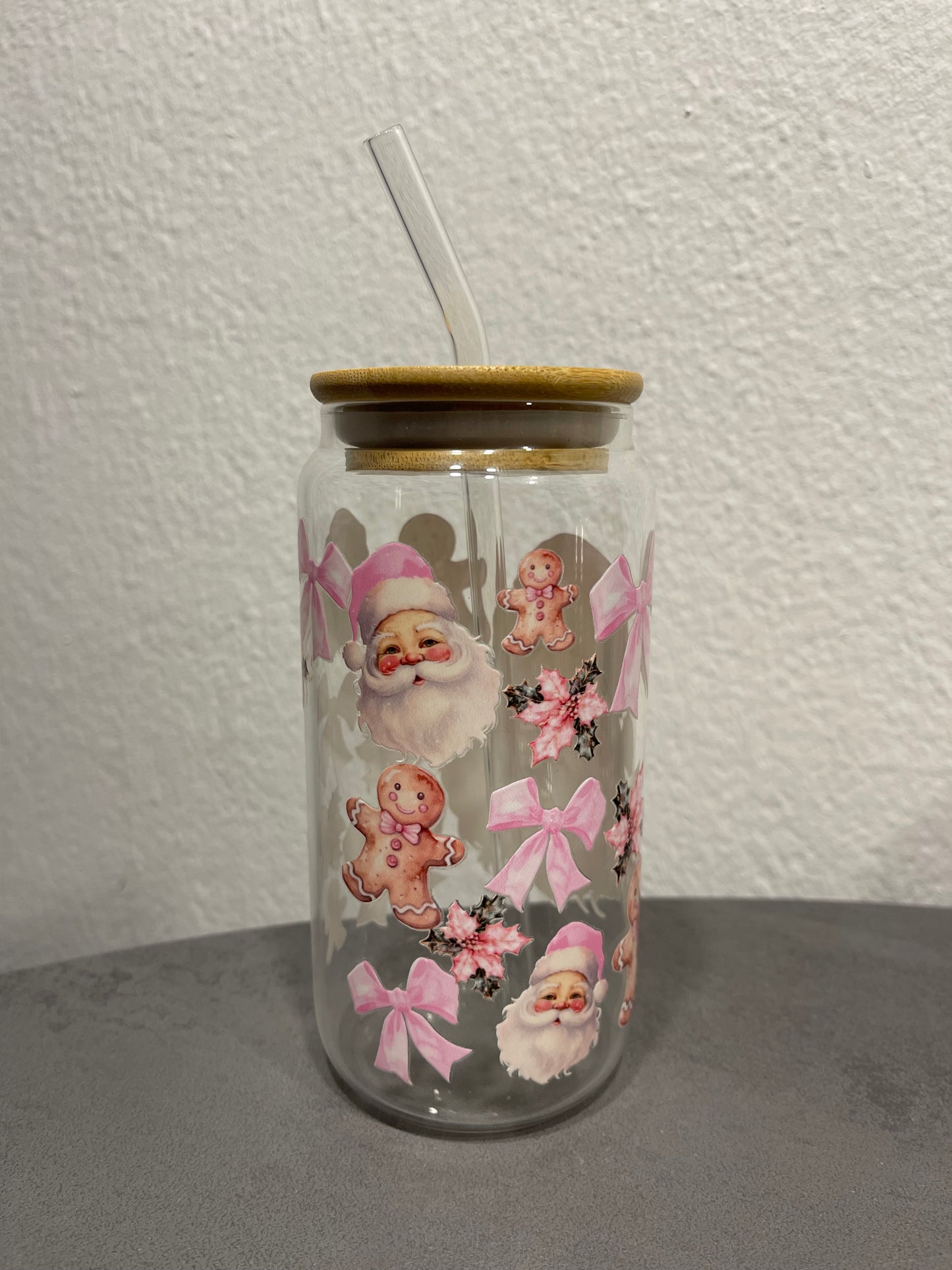 „Santa's Cup„ Trinkbecher mit Deckel & Strohhalm aus Glas