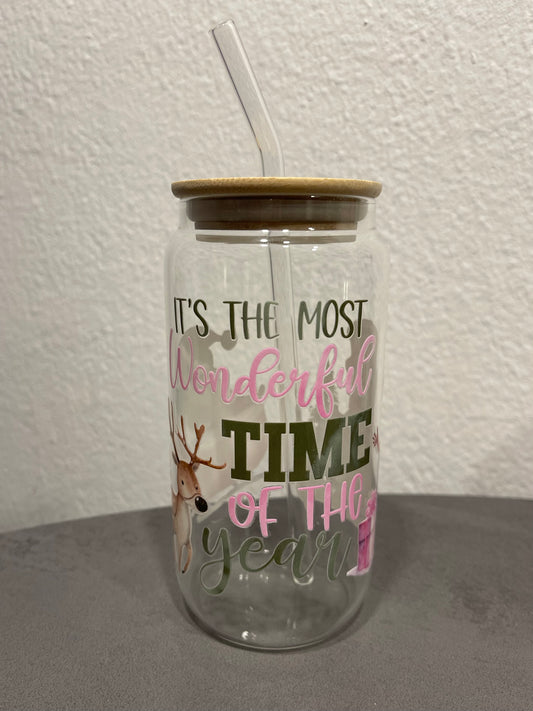 „Weihnachtszeit„ Trinkbecher mit Deckel & Strohhalm aus Glas