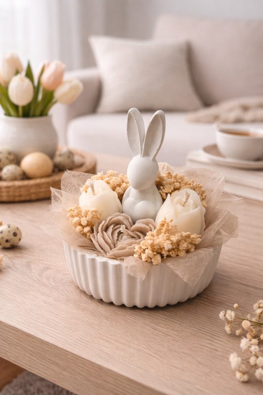 Dekoschale „Bunny Bowl“ – aus Beton mit Trockenblumen und 4 Stk. Sojawachskerzen | Handgemacht | Ostern