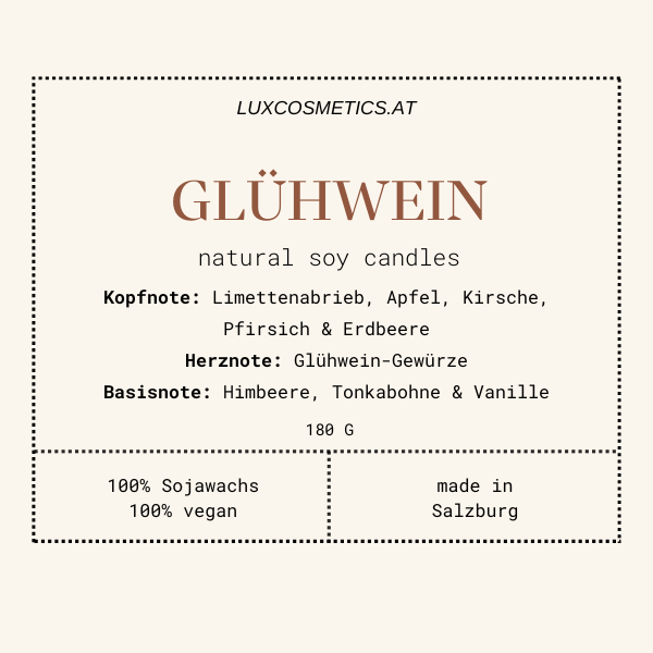 Glühwein Duftkerze handgegossen, Winter Edition, Rosenkerze, Duftpyramide: Limettenabrieb, Apfel, Kirsche, Pfirsich, Erdbeere, Glühwein-Gewürze, Himbeere, Tonkabohne, Vanille