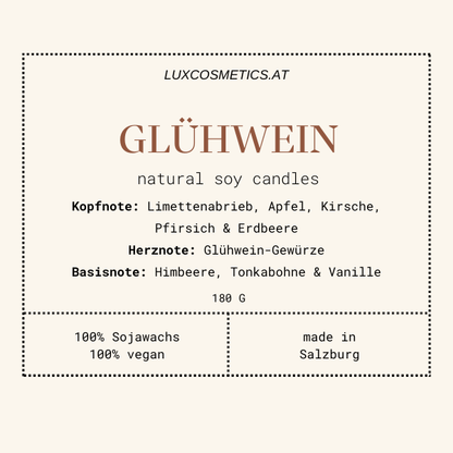 Glühwein Duftkerze handgegossen, Winter Edition, Rosenkerze, Duftpyramide: Limettenabrieb, Apfel, Kirsche, Pfirsich, Erdbeere, Glühwein-Gewürze, Himbeere, Tonkabohne, Vanille