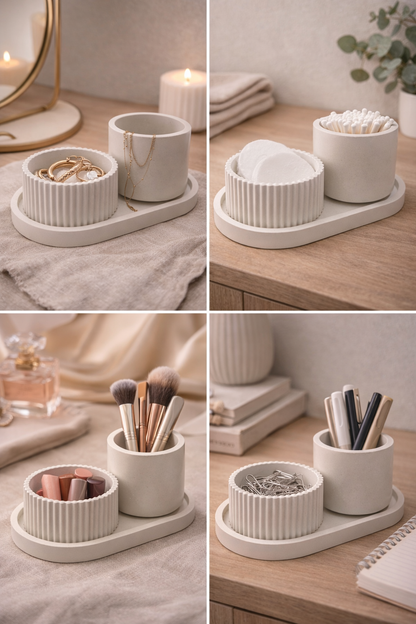 Organizer-Set aus Beton – für Wattepads, Haargummis & mehr