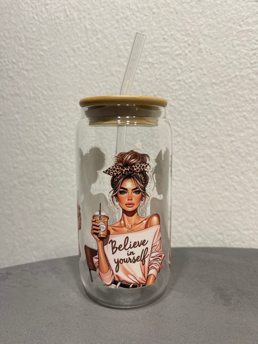 „Lady Cup 2“ Trinkbecher mit Deckel & Strohhalm aus Glas, handgemacht