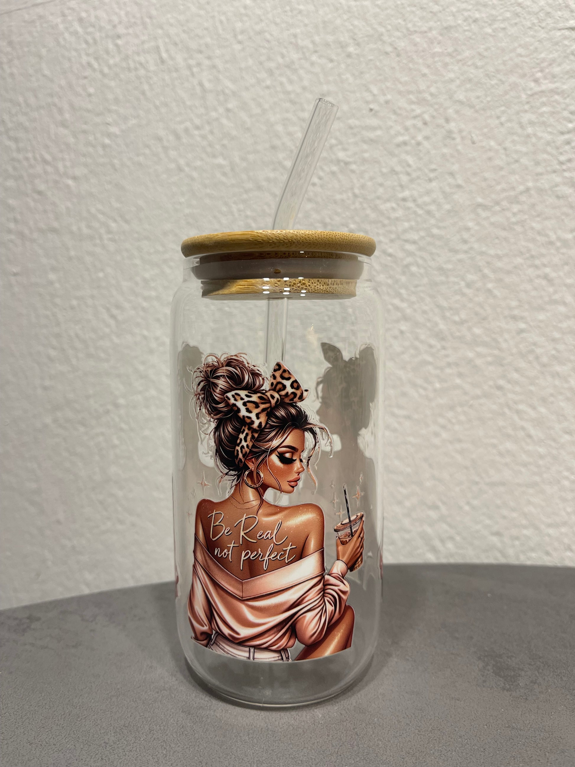 „Lady Cup 2“ Trinkbecher mit Deckel & Strohhalm aus Glas, handmade Bambusdeckel