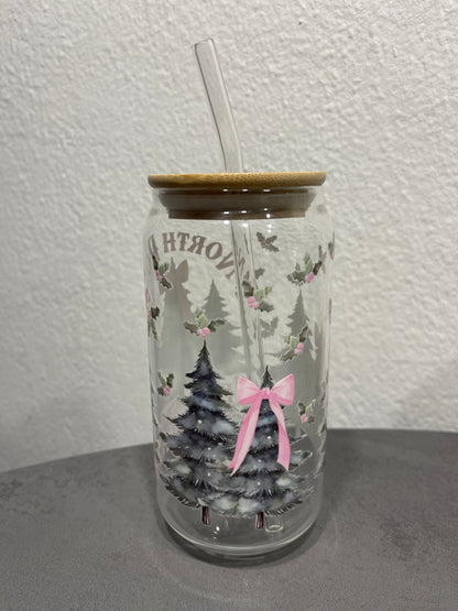 Nordpol Tanne Trinkbecher mit Deckel und Strohhalm aus Glas, Geschenkidee, Seitenansicht