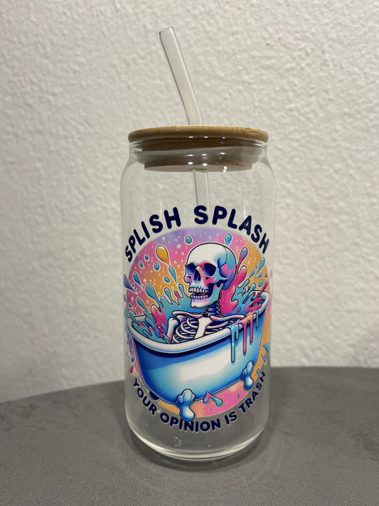 Splish-Splash Skull Trinkbecher mit Deckel und Strohhalm aus Glas, Geschenkidee