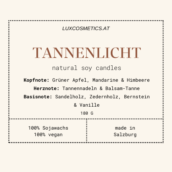 Tannenlicht Duftkerze handgegossen, Winter Edition, Front, Duftpyramide: Grüner Apfel, Mandarine, Himbeere, Tannennadeln, Balsam Tanne, Sandelholz, Zedernholz, Bernstein, Vanille