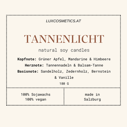 Tannenlicht Duftkerze handgegossen, Winter Edition, Front, Duftpyramide: Grüner Apfel, Mandarine, Himbeere, Tannennadeln, Balsam Tanne, Sandelholz, Zedernholz, Bernstein, Vanille