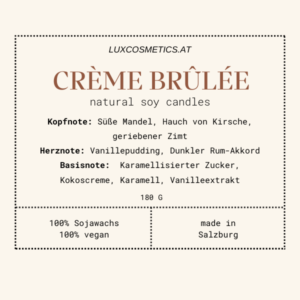 Vanilla Crème Brûlée Duftkerze handgegossen, Winter Edition, Duftpyramide: Mandel, Kirsche, Zimt, Vanillepudding, Dunkler Rum Akkord, Karamellisierter Zucker, Kokoscreme, Karamell, Vanilleextrakt