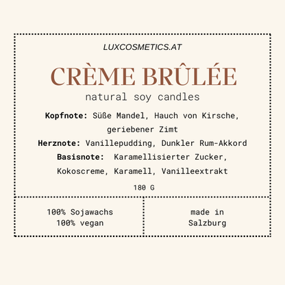 Vanilla Crème Brûlée Duftkerze handgegossen, Winter Edition, Duftpyramide: Mandel, Kirsche, Zimt, Vanillepudding, Dunkler Rum Akkord, Karamellisierter Zucker, Kokoscreme, Karamell, Vanilleextrakt