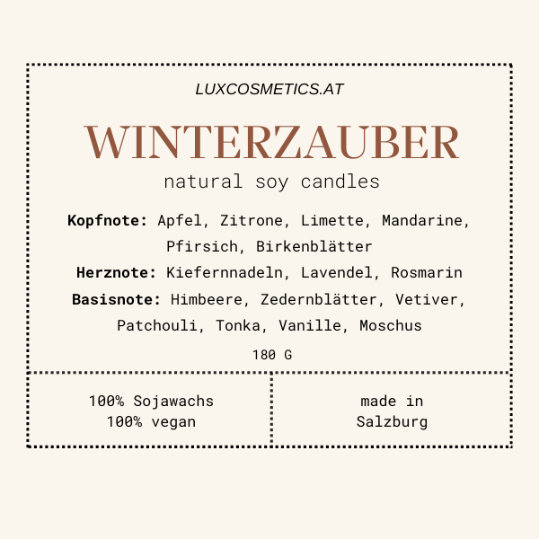 Winterzauber Duftkerze handgegossen, Winterduft, Dosenkerze, Geschenkidee, Duftpyramide, Apfel, Zitrone, Limette, Mandarine, Pfirsich, Birkenblätter, Kiefernnadeln, Zedernblätter, Vetiver, Patchouli, Tonkabohne, Vanille, Moschus