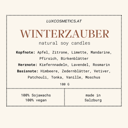 Winterzauber Duftkerze handgegossen, Winterduft, Dosenkerze, Geschenkidee, Duftpyramide, Apfel, Zitrone, Limette, Mandarine, Pfirsich, Birkenblätter, Kiefernnadeln, Zedernblätter, Vetiver, Patchouli, Tonkabohne, Vanille, Moschus