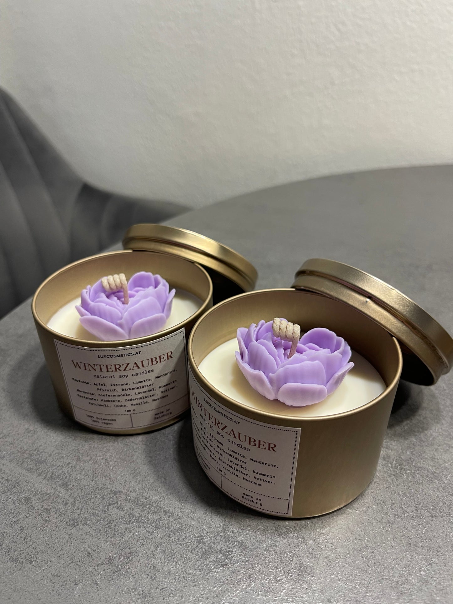 Winterzauber Duftkerze handgegossen, Winterduft, Dosenkerze, Geschenkidee, von oben