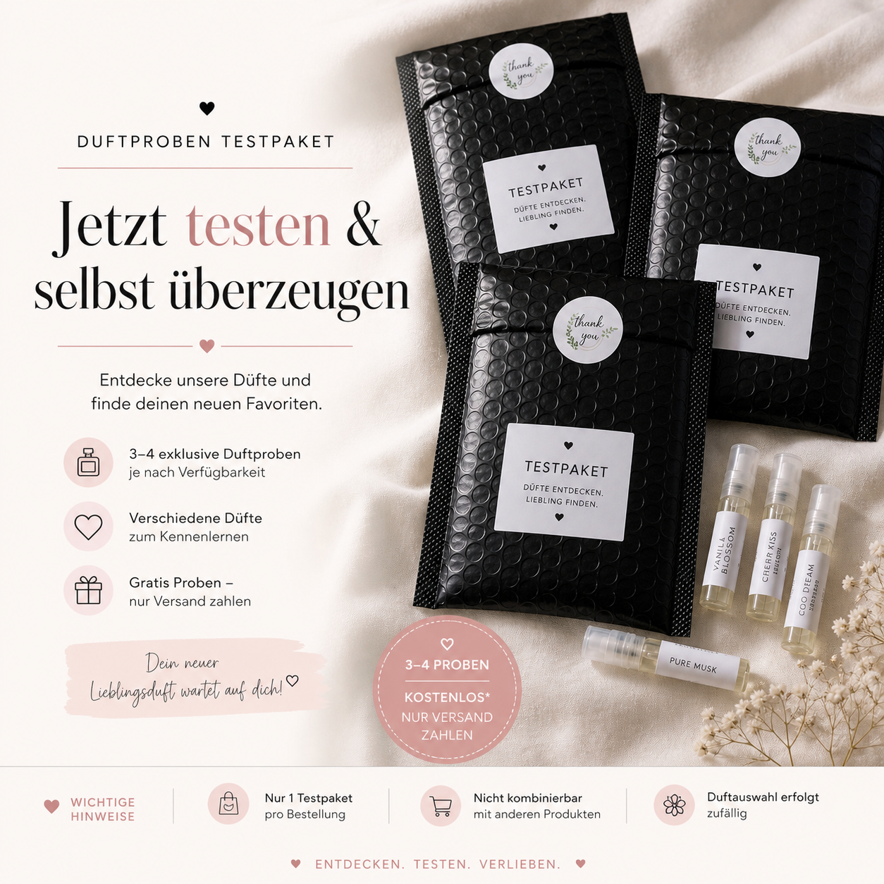 Duftproben Testpaket mit 3-4 Parfumproben - kostenlos testen, nur Versand zahlen