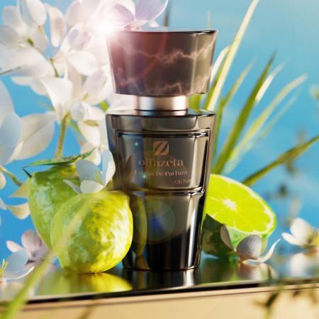 Olfazeta Extrait De Parfum in elegantem schwarzen Flakon – edler Unisexduft mit Bergamotte, Limette und floraler Frische, vor sommerlichem Hintergrund inszeniert.
