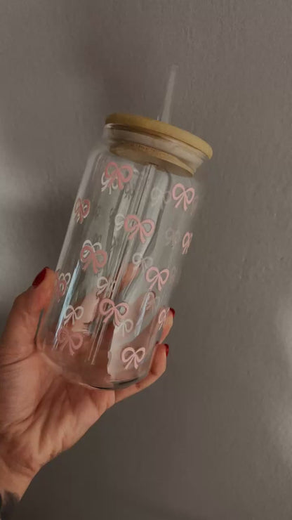 „Sweet Bow„ Trinkbecher mit Deckel & Strohhalm aus Glas 🎀