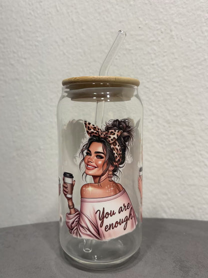 „Lady Cup“ Trinkbecher mit Deckel & Strohhalm aus Glas